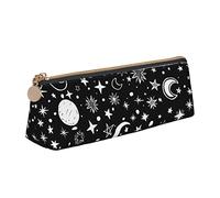 Ykklima Black White Moon and Star Pattern Leather Pencil Case Zipper Pen Makeup Cosmetic Holder Pouch Stationery Bag for School, Work, Office