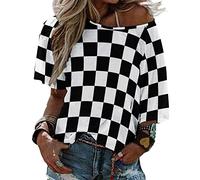 Ykklima Black White Race Checkered Flag Pattern Womens Tops Sexy Off Shoulder Shirts Casual Short Sleeve T-Shirt, White, S
