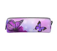 Ykklima Leather Pencil Case - Butterfly on Purple Flowers Pattern, Stationery Bag Pen Organizer Makeup Cosmetic Holder Pouch for School Work Office College