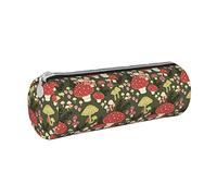 Ykklima Mushrooms Pattern Leather Pencil Case Zipper Pen Makeup Cosmetic Holder Pouch Stationery Bag for School Work Office