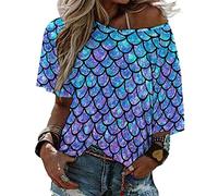 Ykklima Ombre Mermaid Teal Purple Fish Scale Pattern Womens Tops Sexy Off Shoulder Shirts Casual Short Sleeve T-Shirt, Purple,teal, XL