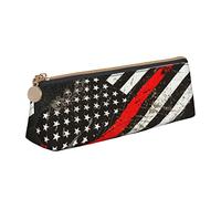 Ykklima USA Thin Red Line Firefighter Axe Pattern Leather Pencil Case Zipper Pen Makeup Cosmetic Holder Pouch Stationery Bag for School, Work, Office