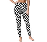 Ykklima Women High Waisted Leggings Black White Race Checkered Flag Pattern Yoga Pants Tummy Control for Running Sports, White, Large