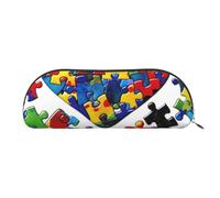 YKLJG Autism Awareness Puzzle Pieces Heart Print Leather Pencil Case with Silver Zipper, PVC Half-Circle Stationery Pouch Organizer for School Office Travel