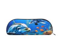 YKLJG Beautiful Underwater World Dolphins Coral Print Leather Pencil Case with Silver Zipper, PVC Half-Circle Stationery Pouch Organizer for School Office Travel