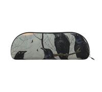 YKLJG Black Crow Birds Print Leather Pencil Case with Silver Zipper, PVC Half-Circle Stationery Pouch Organizer for School Office Travel