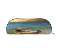 YKLJG Boat Beach Sunrise Time Nautical Print Leather Pencil Case with Gold Zipper, PVC Half-Circle Stationery Pouch Organizer for School Office Travel