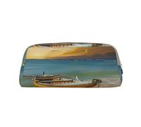 YKLJG Boat Beach Sunrise Time Nautical Print Leather Pencil Case with Gold Zipper, PVC Stylish Stationery Pouch Organizer for School, Office, or Travel