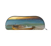 YKLJG Boat Beach Sunrise Time Nautical Print Leather Pencil Case with Silver Zipper, PVC Half-Circle Stationery Pouch Organizer for School Office Travel