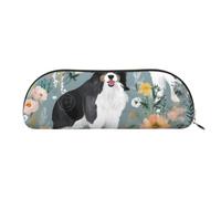 YKLJG Border Collie Florals Print Leather Pencil Case with Gold Zipper, PVC Half-Circle Stationery Pouch Organizer for School Office Travel