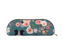 YKLJG Border Collie Florals Print Leather Pencil Case with Gold Zipper, PVC Half-Circle Stationery Pouch Organizer for School Office Travel