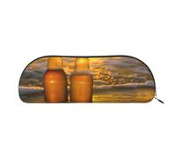YKLJG Bottles Beer Beach Sunset Time Print Leather Pencil Case with Gold Zipper, PVC Half-Circle Stationery Pouch Organizer for School Office Travel