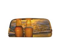 YKLJG Bottles Beer Beach Sunset Time Print Leather Pencil Case with Gold Zipper, PVC Stylish Stationery Pouch Organizer for School, Office, or Travel