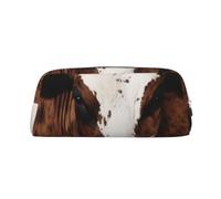 YKLJG Brown Cowhide Art Print Leather Pencil Case with Silver Zipper, PVC Stylish Stationery Pouch Organizer for School, Office, or Travel