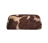 YKLJG Brown Cowhide Print Leather Pencil Case with Silver Zipper, PVC Stylish Stationery Pouch Organizer for School, Office, or Travel