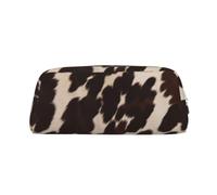YKLJG Brown Cowhide Print Leather Pencil Case with Silver Zipper, PVC Stylish Stationery Pouch Organizer for School, Office, or Travel