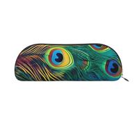 YKLJG Colored Peacock Print Leather Pencil Case with Silver Zipper, PVC Half-Circle Stationery Pouch Organizer for School Office Travel