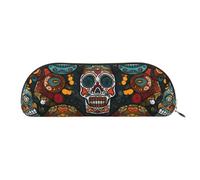 YKLJG Colorful Sugar Skulls Print Leather Pencil Case with Gold Zipper, PVC Half-Circle Stationery Pouch Organizer for School Office Travel