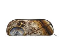 YKLJG Compass and Old World Map Print Leather Pencil Case with Gold Zipper, PVC Half-Circle Stationery Pouch Organizer for School Office Travel