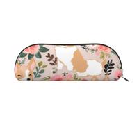 YKLJG Corgi Floral Flowers Print Leather Pencil Case with Gold Zipper, PVC Half-Circle Stationery Pouch Organizer for School Office Travel