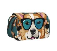 YKLJG Cute Corgi Glasses and Mustaches Print Flip-Top Pencil Case Pen Organiser with 2 Zipper Compartments, Large Capacity Makeup Bags for School, Travel & Office