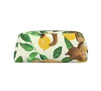 YKLJG Cute Sloths on Yellow Lemons Print Leather Pencil Case with Silver Zipper, PVC Stylish Stationery Pouch Organizer for School, Office, or Travel