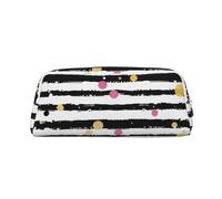 YKLJG Glitter Rainbow Polka Dot Stripe Black and White Print Leather Pencil Case with Silver Zipper, PVC Stylish Stationery Pouch Organizer for School, Office, or Travel
