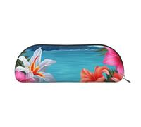 YKLJG Hawaii Hibiscus Flower Print Leather Pencil Case with Silver Zipper, PVC Half-Circle Stationery Pouch Organizer for School Office Travel