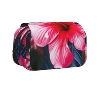 YKLJG Hawaii Pink Flower Print Flip-Top Pencil Case Pen Organiser with 2 Zipper Compartments, Large Capacity Makeup Bags for School, Travel & Office