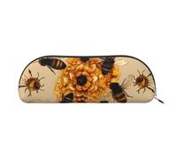 YKLJG Honey Bees Print Leather Pencil Case with Gold Zipper, PVC Half-Circle Stationery Pouch Organizer for School Office Travel