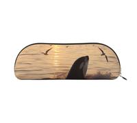 YKLJG Killer Whale Under Sunset Print Leather Pencil Case with Gold Zipper, PVC Half-Circle Stationery Pouch Organizer for School Office Travel