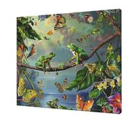 YKLJG Many Frogs Sing on The Branches Butterflies Printed Wall Art Canvas Prints 60x50 CM Wooden Framed Picture Painting Artwork for Bedroom Kitchen Home Office Decor