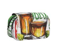 YKLJG Mexico Flag and Tequila Print Flip-Top Pencil Case Pen Organiser with 2 Zipper Compartments, Large Capacity Makeup Bags for School, Travel & Office