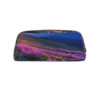 YKLJG Nature Purple Flowers Meadow Mountain Scenic Print Leather Pencil Case with Silver Zipper, PVC Stylish Stationery Pouch Organizer for School, Office, or Travel