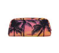 YKLJG Palm Trees Silhouette at Sunset Print Leather Pencil Case with Gold Zipper, PVC Stylish Stationery Pouch Organizer for School, Office, or Travel
