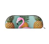 YKLJG Pink Flamingo Pineapples Print Leather Pencil Case with Gold Zipper, PVC Half-Circle Stationery Pouch Organizer for School Office Travel