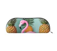 YKLJG Pink Flamingo Pineapples Print Leather Pencil Case with Silver Zipper, PVC Half-Circle Stationery Pouch Organizer for School Office Travel