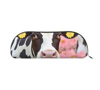 YKLJG Pink Flower Show Steer Cows Cattle Print Leather Pencil Case with Gold Zipper, PVC Half-Circle Stationery Pouch Organizer for School Office Travel