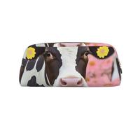 YKLJG Pink Flower Show Steer Cows Cattle Print Leather Pencil Case with Gold Zipper, PVC Stylish Stationery Pouch Organizer for School, Office, or Travel
