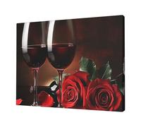 YKLJG Red Rose and Wine Romantic Lovers Decor Printed Wall Art Canvas Prints 40x30 CM Wooden Framed Picture Painting Artwork for Bedroom Kitchen Home Office Decor