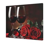 YKLJG Red Rose and Wine Romantic Lovers Decor Printed Wall Art Canvas Prints 60x50 CM Wooden Framed Picture Painting Artwork for Bedroom Kitchen Home Office Decor