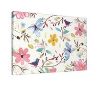 YKLJG Romantic Fancy Floral Birds Butterfly Printed Wall Art Canvas Prints 45x30 CM Wooden Framed Picture Painting Artwork for Bedroom Kitchen Home Office Decor