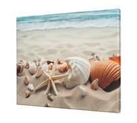 YKLJG Seashells Sand Printed Wall Art Canvas Prints 60x50 CM Wooden Framed Picture Painting Artwork for Bedroom Kitchen Home Office Decor