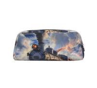 YKLJG Steam Train Clouds Print Leather Pencil Case with Gold Zipper, PVC Stylish Stationery Pouch Organizer for School, Office, or Travel