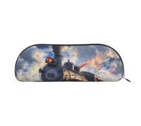 YKLJG Steam Train Clouds Print Leather Pencil Case with Silver Zipper, PVC Half-Circle Stationery Pouch Organizer for School Office Travel