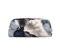 YKLJG Steam Train Clouds Print Leather Pencil Case with Silver Zipper, PVC Stylish Stationery Pouch Organizer for School, Office, or Travel