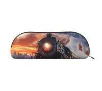YKLJG Steam Train Depart Sunset Print Leather Pencil Case with Gold Zipper, PVC Half-Circle Stationery Pouch Organizer for School Office Travel