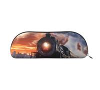 YKLJG Steam Train Depart Sunset Print Leather Pencil Case with Silver Zipper, PVC Half-Circle Stationery Pouch Organizer for School Office Travel