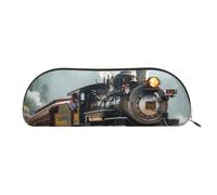 YKLJG Steam Train Print Leather Pencil Case with Gold Zipper, PVC Half-Circle Stationery Pouch Organizer for School Office Travel