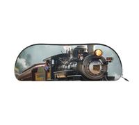 YKLJG Steam Train Print Leather Pencil Case with Silver Zipper, PVC Half-Circle Stationery Pouch Organizer for School Office Travel
